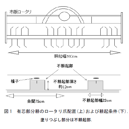 図1 宥芯部分耕のロータリ爪配置(上)および耕起条件(下)