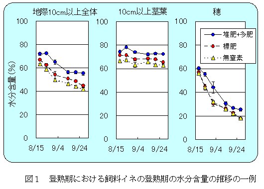 図1 登熟期における飼料イネの登熟期の水分含量の推移の一例