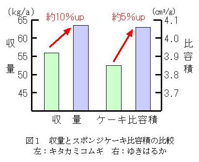 収量とスポンジケーキ比容積の比較