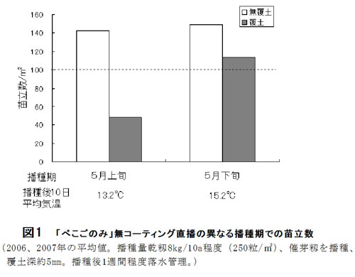 図1.「べこごのみ」無コーティング直播の異なる播種期での苗立数