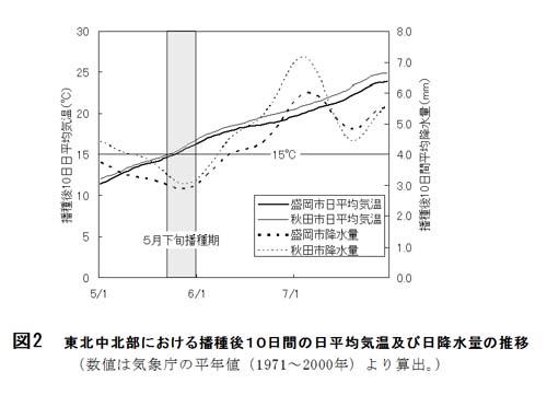 図2.東北中北部における播種後10日間の平均気温および日降水量の推移