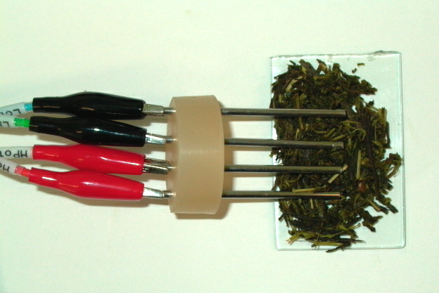 写真1 茶葉の電気抵抗と静電容量の計測
