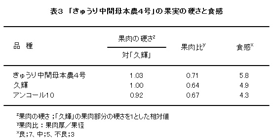 表3 「きゅうり中間母本農4号」の果実の硬さと食感