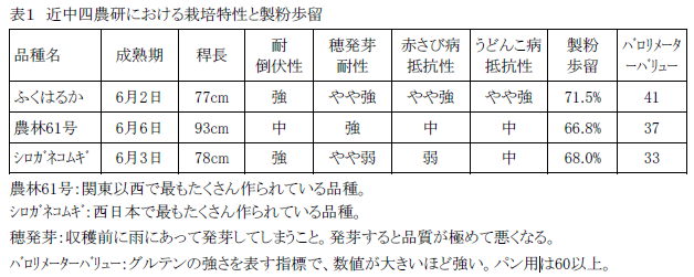 表1 近中四農研における栽培特性と製粉歩留