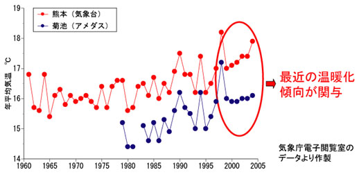 図 熊本市と菊池市の年平均気温の変化