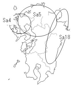 図3 耐性菌にみられた主要なフィンガープリントパターンの九州における分布状況(2003年)