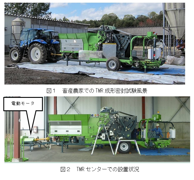 図1 畜産農家でのTMR成形密封試験風景、図2 TMRセンターでの設置状況