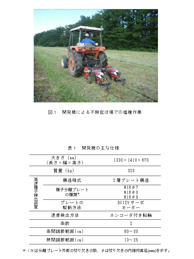 図1 開発機による不耕起ほ場での播種作業、表1 開発機の主な仕様