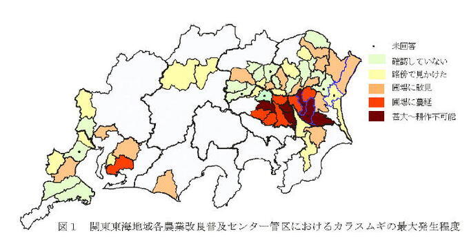 図1 関東東海地域各農業改革普及センター管区におけるカラスムギの最大発生程度
