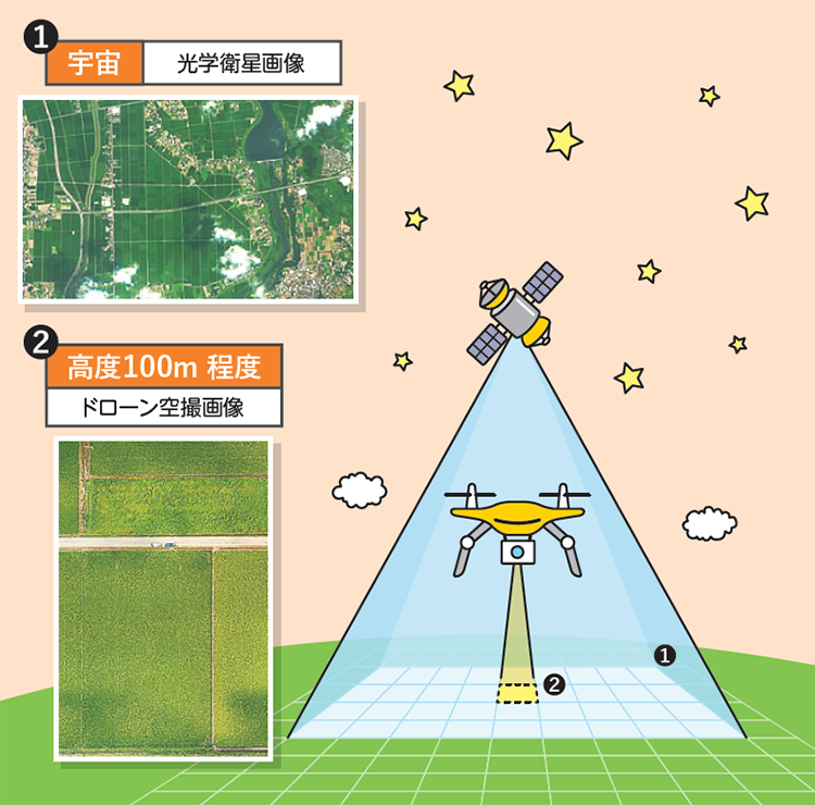 図 1 宇宙:光学衛星画像、2 高度100m 程度:ドローン空撮画像