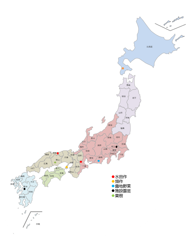 実証地域の地図。日本全国に分布している。