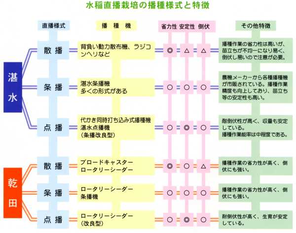 水稲直播栽培の播種様式と特徴の図