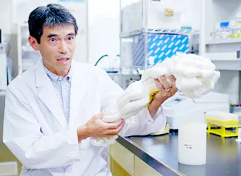 実験室で研究者が研究について説明している画像